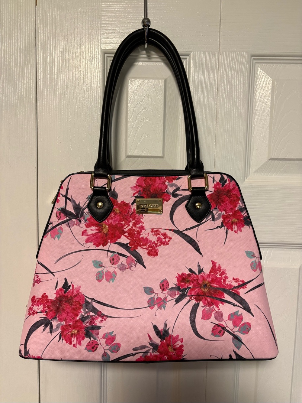 St. John Floral Satchel Handbag - Pink Floral with Black Trim